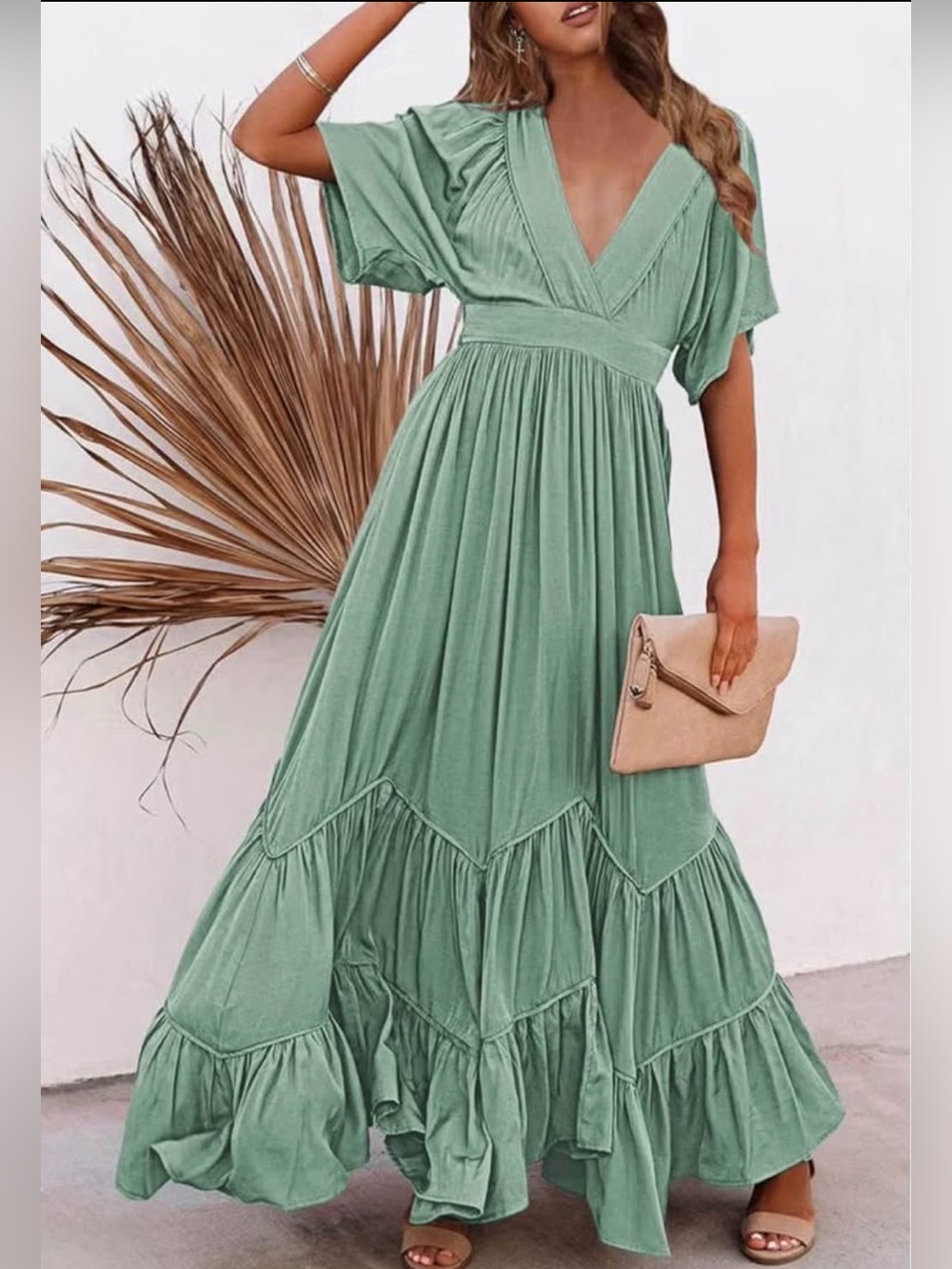 2XL Sage Green V-Neck Flutter Sleeve Tiered Maxi Dress